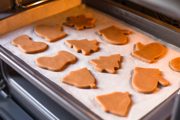 Preparing ginger christmas cookies in oven