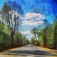Hand drawing watercolor art on canvas. Artistic big print. Original modern painting. Acrylic dry brush background. Wonderful suumer landscape. Asphalt road with green forest    