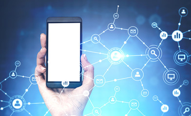 Woman hand with phone, computer network