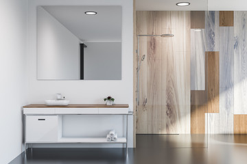 Wooden wall bathroom, sink and shower