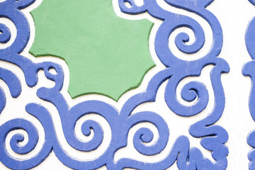 blue-green pattern on the wall, Oriental ornaments on the wall, blue-green ornament on the wall, decorative pattern on the wall.