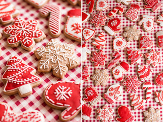 Collage of homemade christmas ginger cookies on table