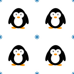Seamless pattern with penguins and snowflakes. Cute penguin cartoon vector illustration. Winter animals pattern.