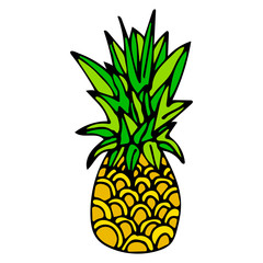 Hand drawn yellow and green pineapple with black outline isolated on white background. Cartoon pineapple. Vector illustration.