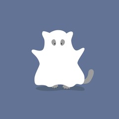 Cute Hand Drawn Halloween Card. Little White Ghost. Cute cat.
