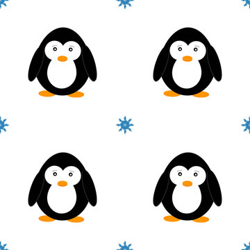 Seamless pattern with penguins and snowflakes. Cute penguin cartoon vector illustration. Winter animals pattern.