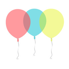 Three air flying balloons isolated on white background. Festive decor element for Birthday party or balloon greeting card design element. Vector.