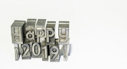 Happy 2019 with types of press isolated