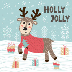 Holly Jolly Christmas greeting card with a cute deer. Vector illustration