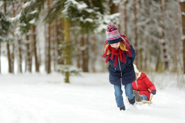 Two funny little girls having fun with a sleigh in beautiful winter park. Cute children playing in a snow.