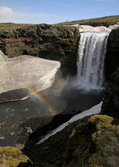 Gorgeous combination of rainbow, glacier and waterfall in Iceland