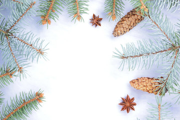 Christmas pattern with fir branches, fir cones and anise. Blank for holiday cards. Christmas branches on white background. Copy space