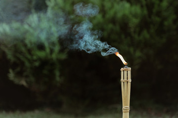 Flambeau allumé dans le jardin faisant de la fumée