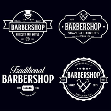 Set of vintage barbershop labels. Templates for the design of logos and emblems. Collection of barbershop - symbols razor, pole, scissors.