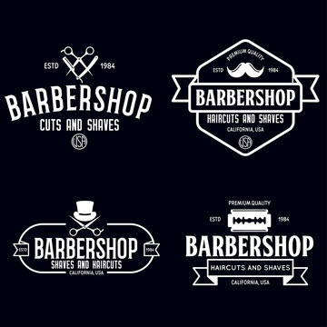 Set of vintage barbershop labels. Templates for the design of logos and emblems. Collection of barbershop - symbols razor, pole, scissors.