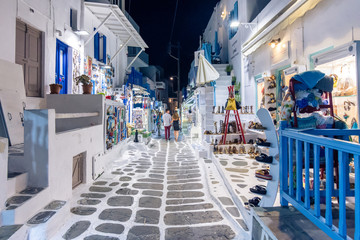 View of the famous pictorial narrow streets of Mykonos town in Mykonos island, Greece - obrazy, fototapety, plakaty