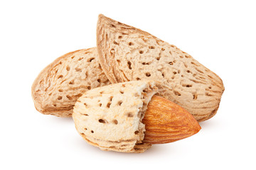 Almond nut in shell isolated on white background, clipping path, full depth of field