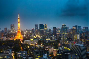 Aerial view of Tokyo Skyline at dusk with illuminated Tokyo Tower, icon and landmark of Minato...