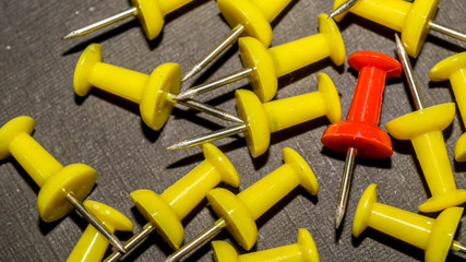 red surrounded by yellow push pins. difference and minority concept