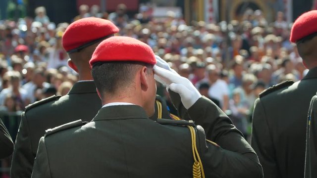 Military salute of soldiers in a white gloves