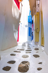 View of the famous pictorial narrow streets of Mykonos town in Mykonos island, Greece