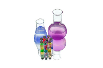 Laboratory glassware with samples on white background