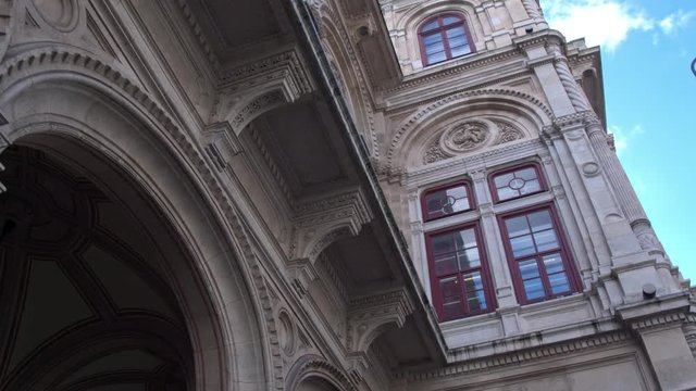 European architecture. Details of the building of the Vienna State Opera. Windows, patterns, arch, columns. Dolly shot.