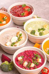 Variety of colorful tasty vegetables cream soups and fresh ingredients