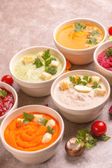 Variety of colorful tasty vegetables cream soups and fresh ingredients