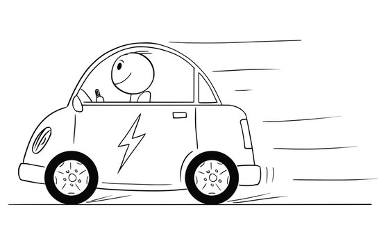 Cartoon stick drawing conceptual illustration of happy man driving electric car.