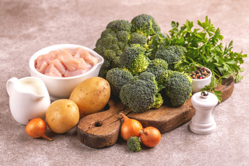 Fresh ingredients for tasty pureed broccoli soup. Healty food