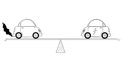 Cartoon drawing conceptual illustration of fuel and electric cars measured on balance scale to compare benefits of both technologies.