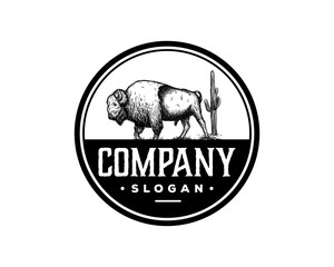 Hand Drawing Vector Buffalo Bull Bison with Cactus Sign Symbol Vintage Animal Circle Logo Template Design Inspiration
