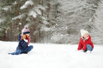 Fototapeta na wymiar Two adorable little girls having fun together in beautiful winter park. Beautiful sisters playing in a snow.