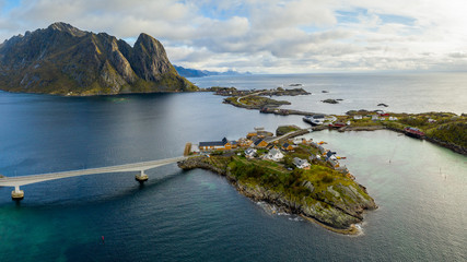 Aerial panorama of Lofoten Archipelago with view of Hamnoy and Lofoten at sunset