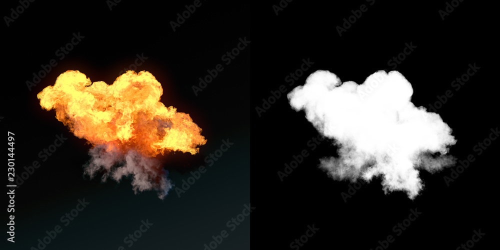 Poster Large explosion with black smoke in dark plus alpha channel. 3d rendering