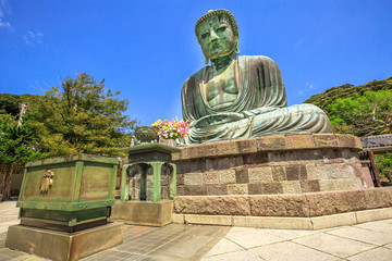 Big Buddha Daibutsu, the largest bronze statue of Buddha Vairocana. Kotoku-in Buddhist Temple in Kamakura from old Japan, cast in 1252.