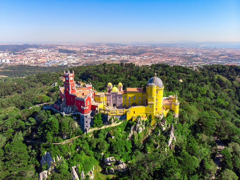 The Pena Palace, Lisbon district, Grande Lisboa, aerial view, shot from drone