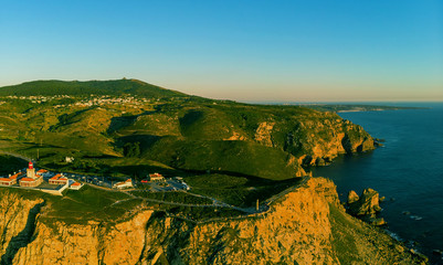 the lighthouse of cabo de sao vicente or cape st. vincent in the algarvian coastline, Sagres,...