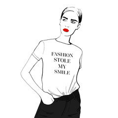 Fashion woman sketch. Hand drawn beautiful young woman with red lips in white t shirt with inscription fashion stole my smile, black jeans. Vector illustration. Fashion, style, beauty, sketch