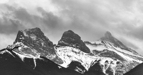 Black and White of Three Sisters Mountain Peaks in Canmore, Canada