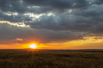 Naklejka na ściany i meble African landscape at sunset with starburst sun, tall grass and dark clouds 