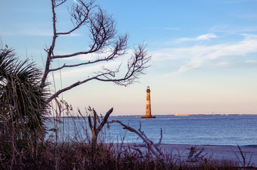 Morris Island Lighthouse in the distance, framed by bare trees at sunset, located in Folly Beach...