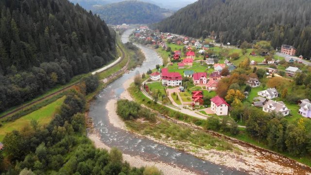 Aerial View of Picturesque Yaremche, Ukraine, in the Carpathian Mountains