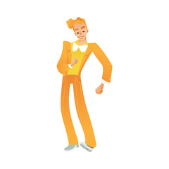 Vector illustration of man dancing disco isolated on white background - young caucasian male cartoon character in retro clothes and with hairstyle of 70s fashion style makes dance moves.