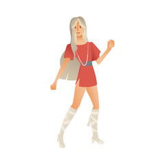 Disco dancing woman vector illustration isolated on white background - modern cartoon gradient female character in retro dress and with 70s fashion hairstyle making dance moves.