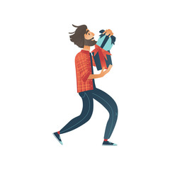 Vector illustration of man with stack of present boxes in trendy cartoon gradient style - young male character in warm clothes holding wrapped gifts for holiday design isolated on white background.