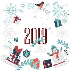 2019 Winter sale poster with present boxes with ribbons, snowman in hat and scarf on sledge, santa sled with gift abstract florals, snowflakes and bullfinch. Merry christmas, new year discount vector