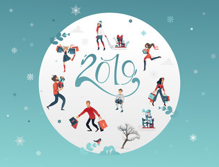 Obraz na płótnie Canvas Vector illustration of 2019 New Year and Christmas banner with various winter holiday symbols and people buying and carrying gifts and presents in round shape on blue background with snowflakes.