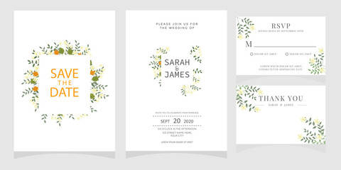 Fototapeta na wymiar wedding card invitation with beauty flowers. Wedding Invitation floral invite Rsvp cute card vector Designs set